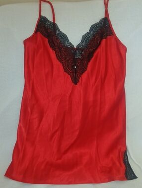 Victoria's Secret Red Satin Chemise with Black Lace Trim